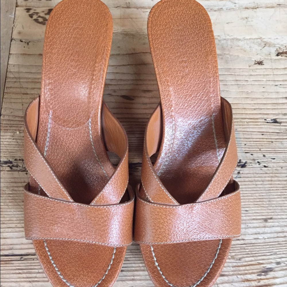 Prada Tan Brown Leather Wedge Mules